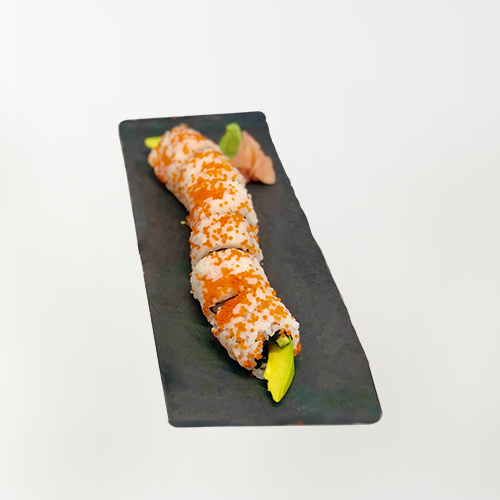 A California Roll sushi on a dark plate, garnished with Tobiko, Japanese Crab Stick, Avocado, and Cucumber.