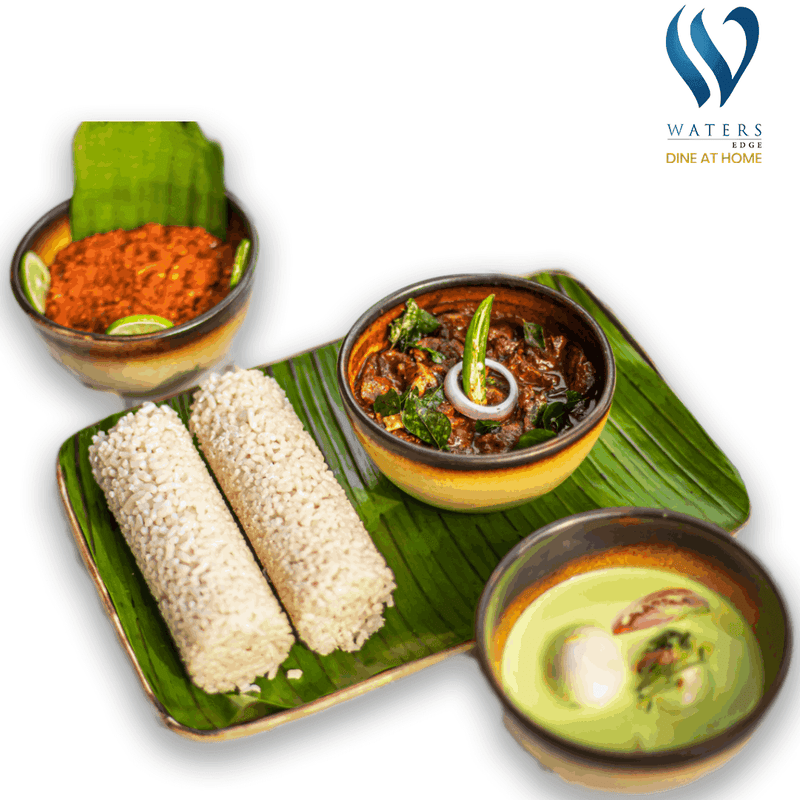 Waters Edge Pittu with Beef Pack by Yalu Yalu: red & white pittu, beef curry, boiled egg curry, dhal curry & lunu miris in eco-friendly pack.