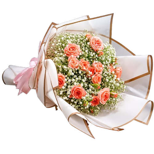 Peach Rose & Baby's Breath Bouquet (Need 3 days) by Yalu Yalu | Delivery in Sri Lanka