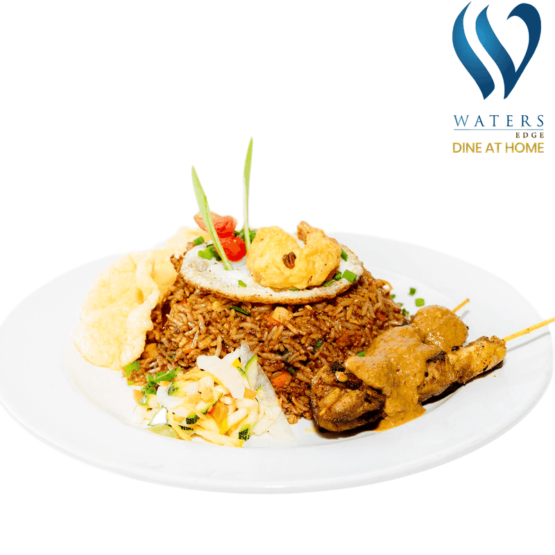 Waters Edge Nasi Goreng Seafood Pack by Yalu Yalu: spicy prawn, cuttlefish & fish rice, chicken satay, fried egg, pickle, chili paste & prawn cracker.